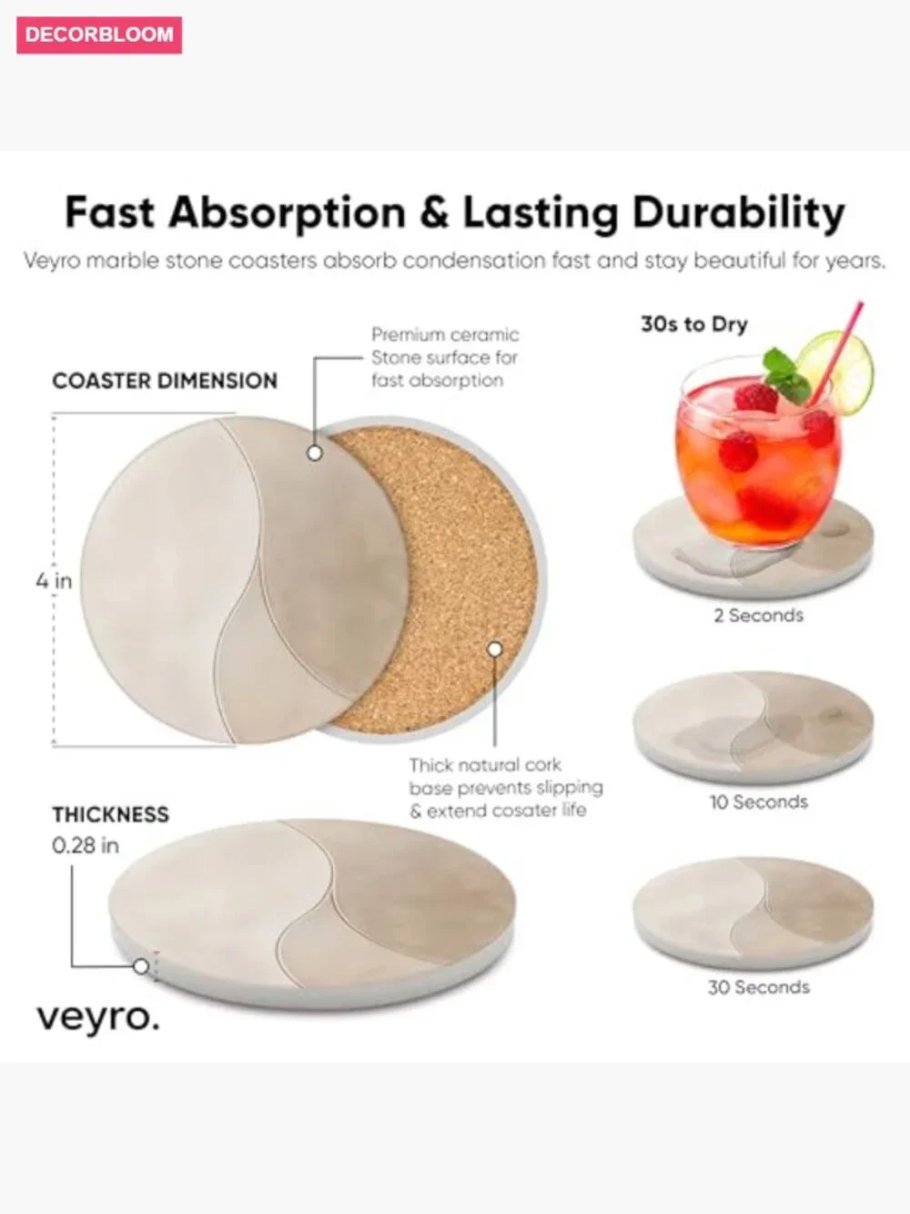 Absorbent Ceramic Coasters Set of 6 – Non-Slip Cork Backing, Stone Drink